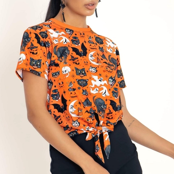 Blackmilk Trick or Treat Pumpkin Orange Halloween Tie Front Tee - Picture 1 of 9